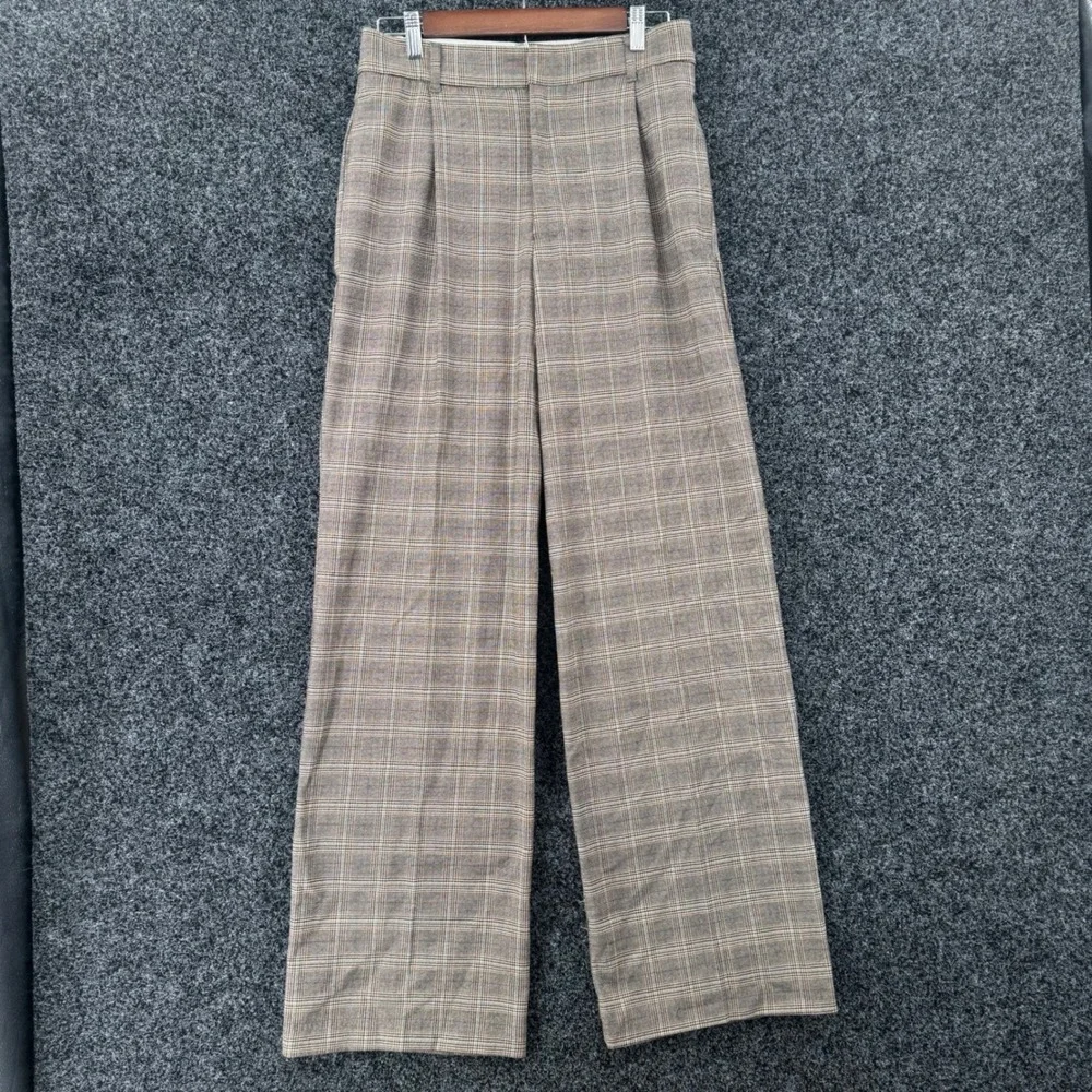Zara Brown Plaid Wide Leg Pleated Trousers High Waisted Dress Pants Small 26